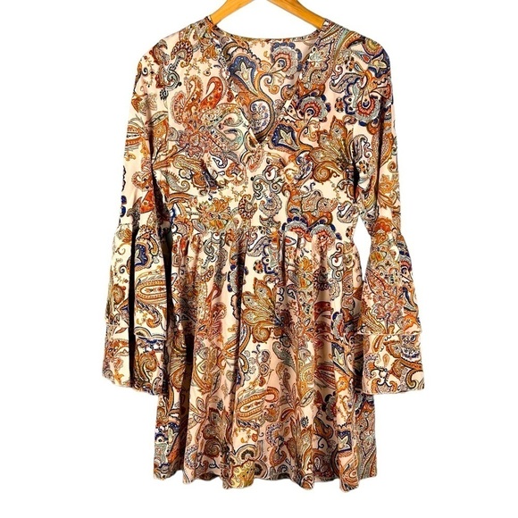 Paisley Orange and Blue Bell Sleeve Retro 70's Boho Mini Dress Women's Size M - Picture 1 of 8